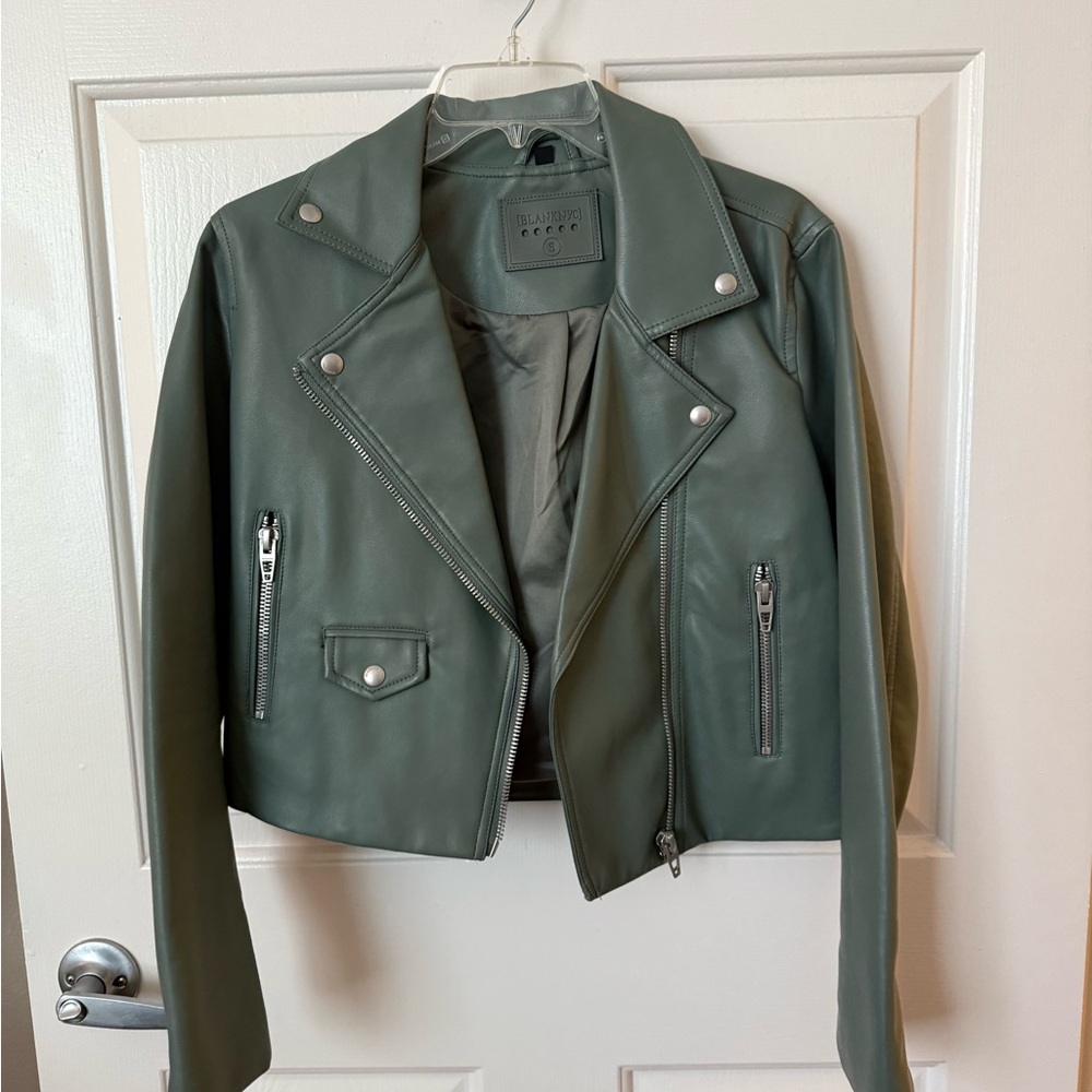 Blank NYC Green Leather Moto Jacket with Asymmetrical Zipper